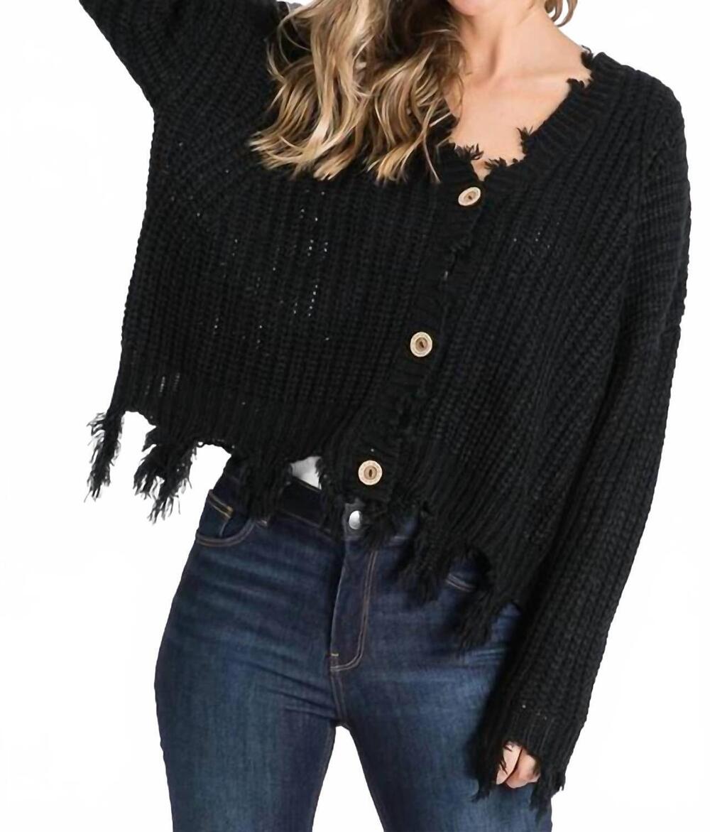 NEW SWEET GENERIS destroyed fringed button down cardigan in black